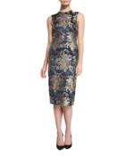 Georgia Baroque Silk Brocade Sheath Dress, Petrol/multi