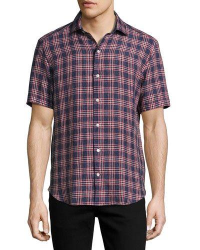 Plaid Short-sleeve Sport Shirt, Navy/brick