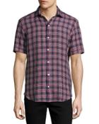 Plaid Short-sleeve Sport Shirt, Navy/brick