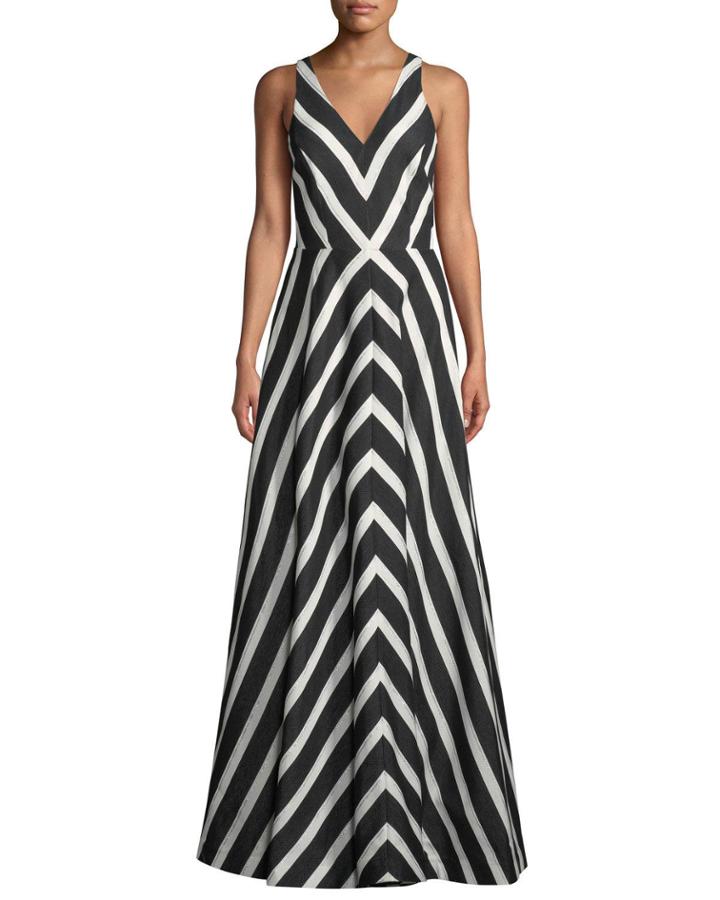 Chevron-striped Sleeveless V-neck Gown