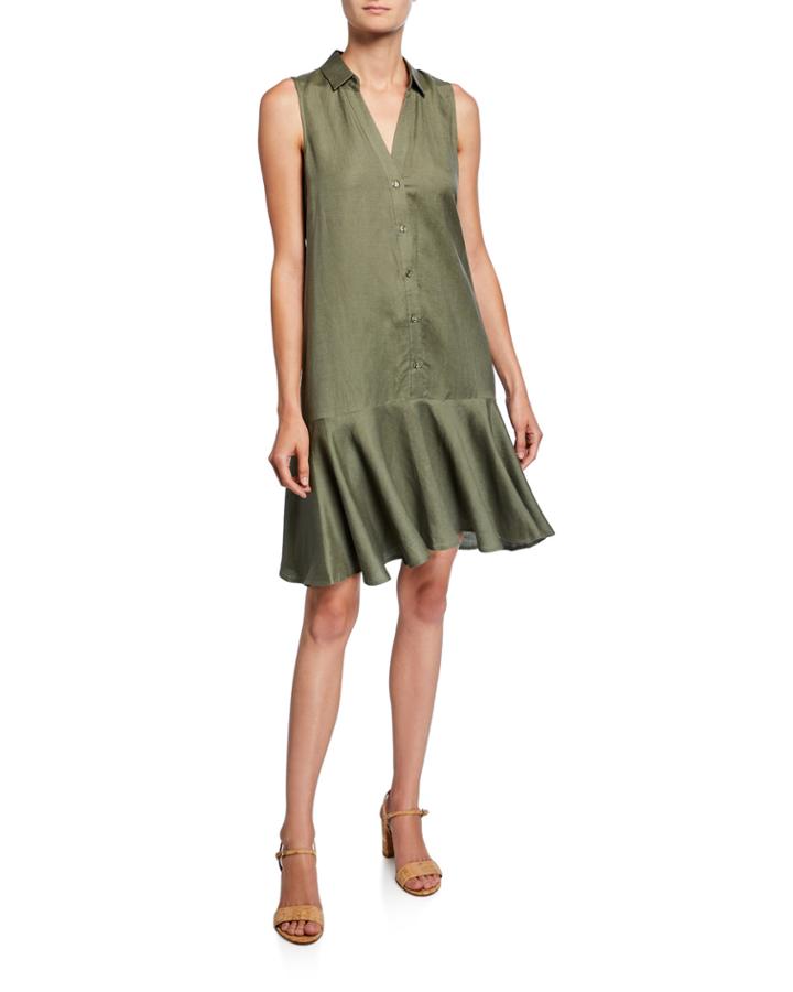 Collared Sleeveless Linen Flounce Dress