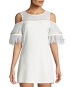 Cold-shoulder Shift Dress With Feather Trim
