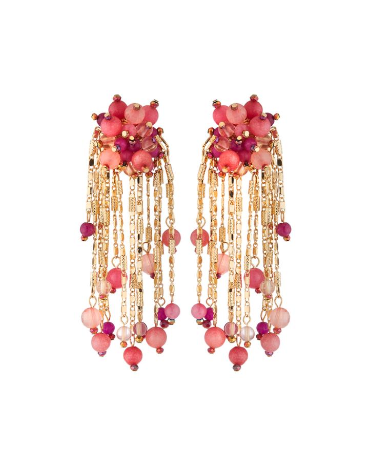 Beaded Chain Tassel Earrings, Pink