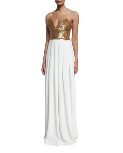 Sequined Sleeveless V-neck Gown, Gold/ecru