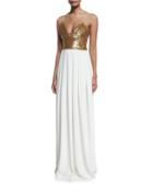 Sequined Sleeveless V-neck Gown, Gold/ecru
