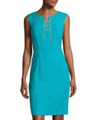 Sleeveless Lace-up Sheath Dress, Turquoise