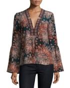 Paisley Silk Bell-sleeve Top, Dark Green