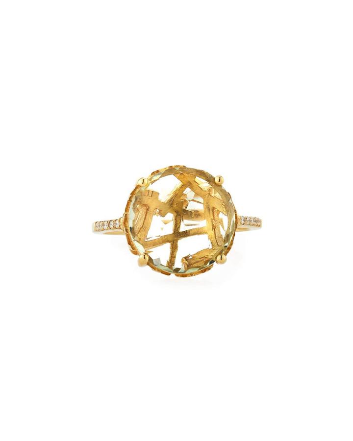 14k Gold Round Green Amethyst Ring W/ Sapphire Sides,