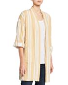 Plus Size Striped Open-front Double-weave Cotton Kimono Jacket