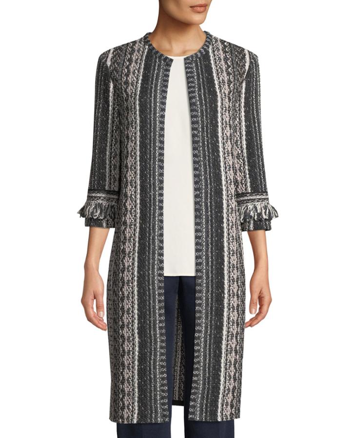 3/4-sleeve Ombre Vertical-stripe Tweed Jacket