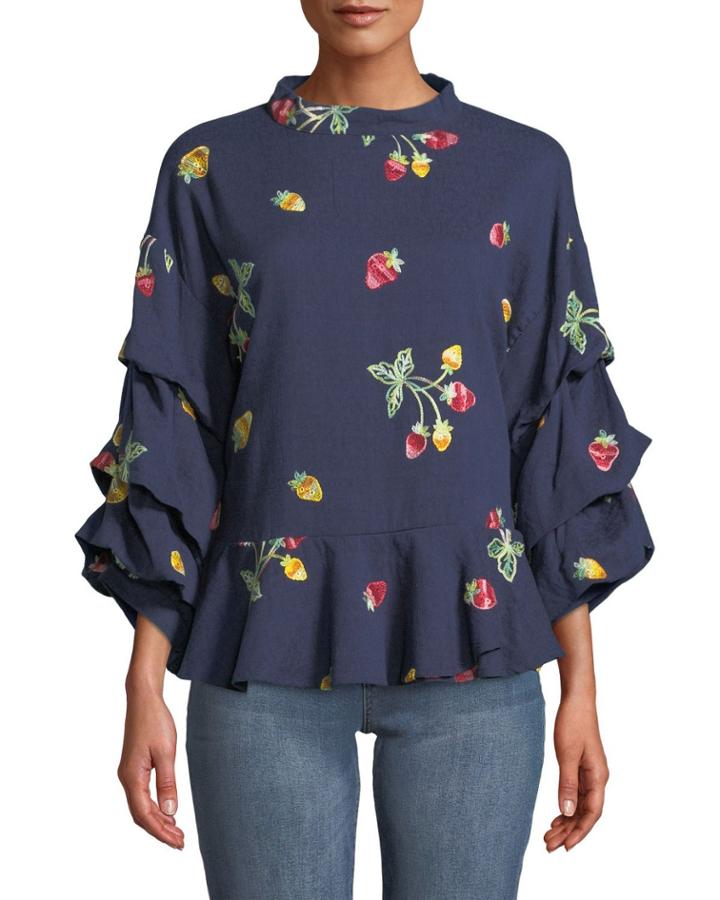 Strawberry-embroidered Balloon-sleeve Blouse