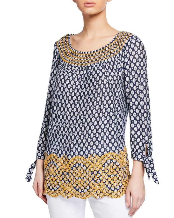 Tie-cuff Printed Tunic W/ Embroidery