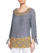 Tie-cuff Printed Tunic W/ Embroidery