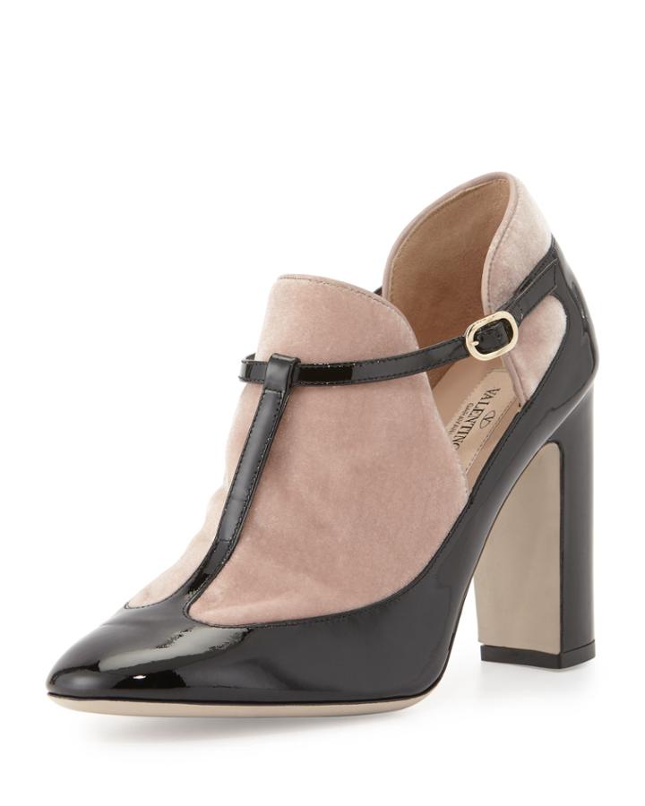 Valentino Patent/velvet T-strap Block-heel Pump, Nero/poudre, Women's, Size: