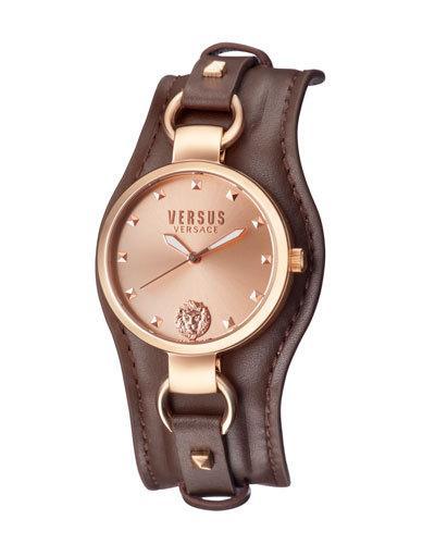 34mm Roslyn Studded Leather Cuff Watch, Brown