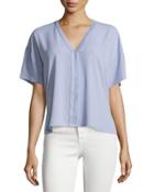 Faux Suede-trimmed V-neck Top, Blue