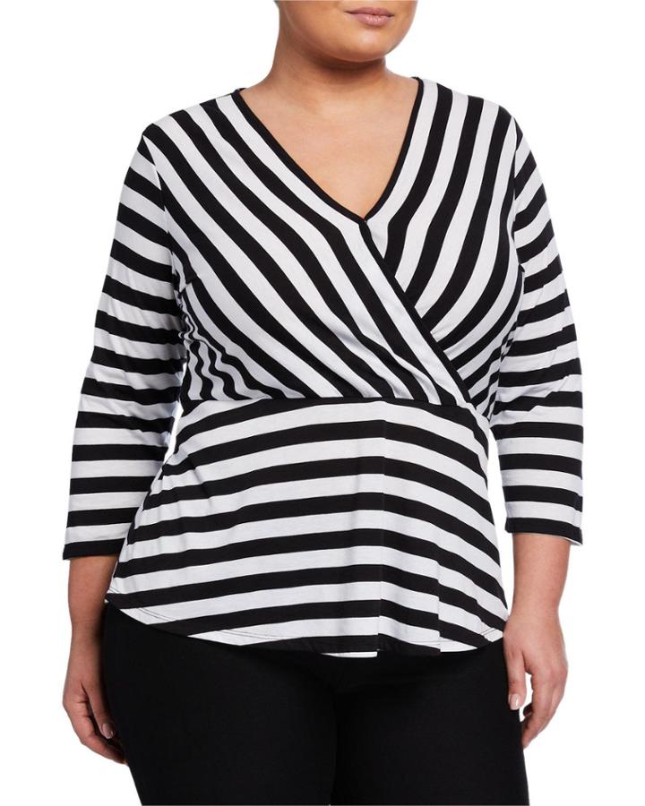 Plus Size Striped V-neck Wrap Top