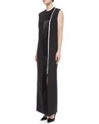 Tazi Satin Embroidered-stripe Tuxedo Gown, Black