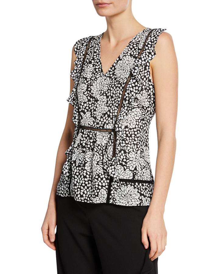 Mixed Print Ladder-stitching Ruffle Tank