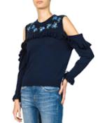 Long-sleeve Open-shoulder Pullover With Frills & Floral Embroidery