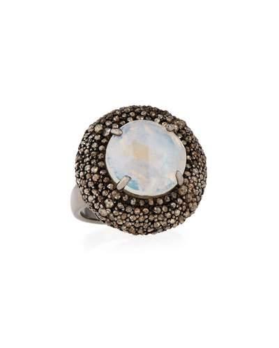 Rainbow Moonstone & Champagne Diamond Round Cushion Cocktail Ring,