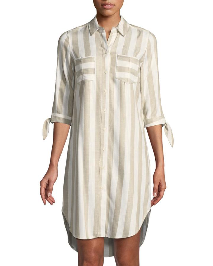 Striped 3/4-sleeve Button-front Dress