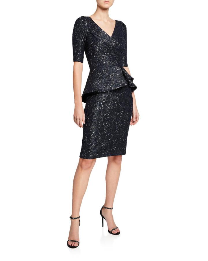 V-neck Elbow-sleeve Stretch Jacquard Peplum Dress