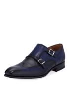 Men's Ian Calf Leather Double-monk Shoes, Dark Blue