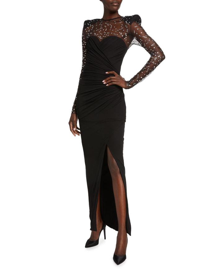 Long-sleeve Embellished-tulle Illusion Gown