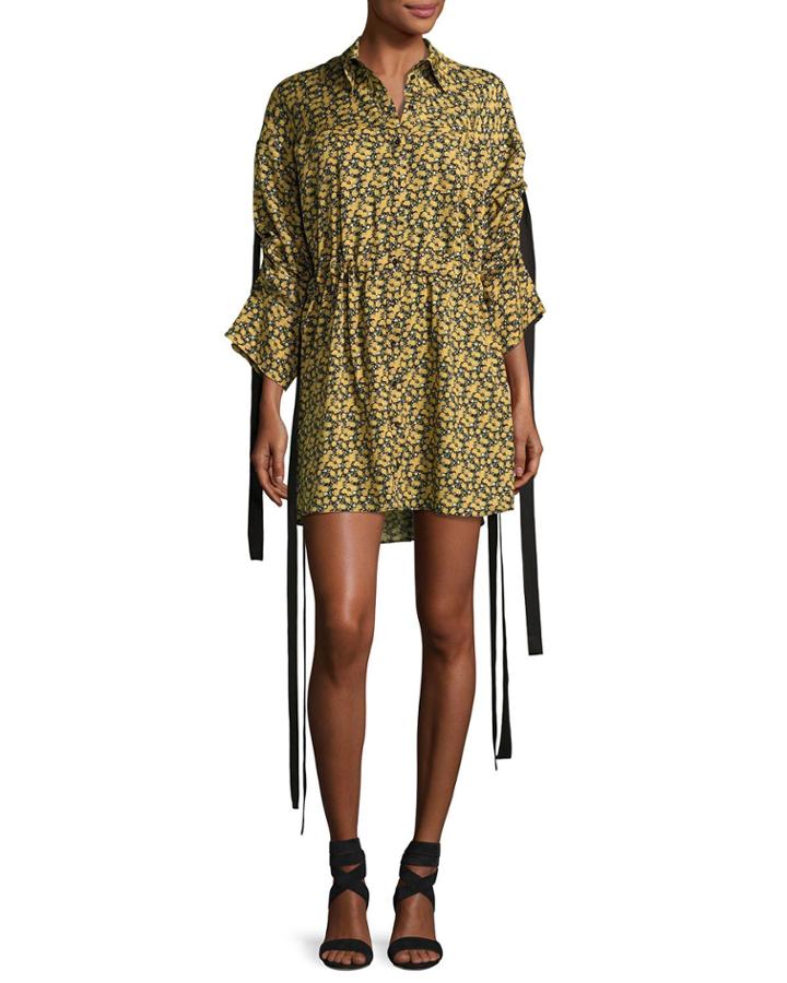 Goteborg Floral-print Shirtdress With Dangling Ties, Yellow