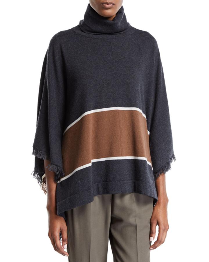 Cashmere Turtleneck Colorblock Poncho