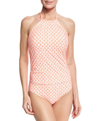 Coastal Geometric-print One-piece Swimsuit, Orange Pattern