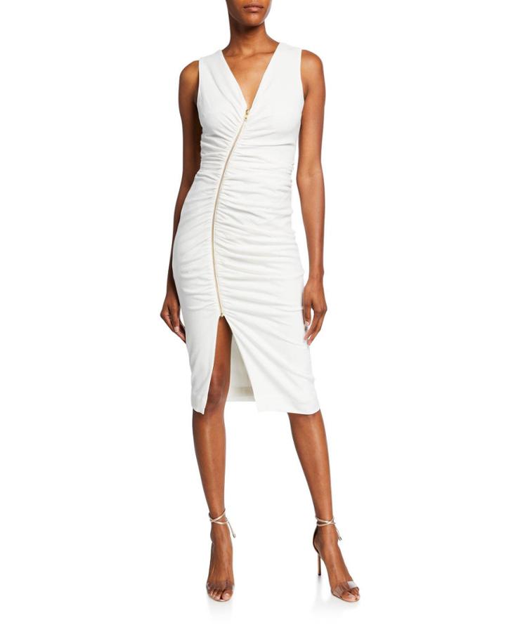 Ivy Shirred V-neck Sleeveless Asymmetric Zip-front Dress