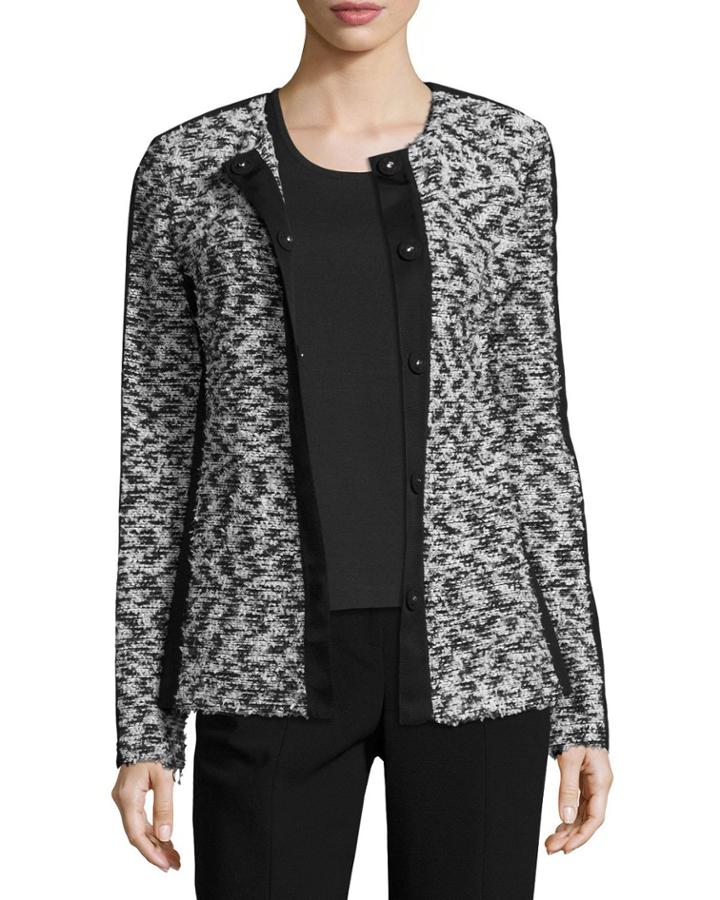 Tweed Knit Jewel Neck Jacket W/ Grosgrain Trim