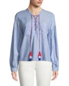 Shirred-sleeve Striped Cotton Blouse W/ Lace-up Tassels