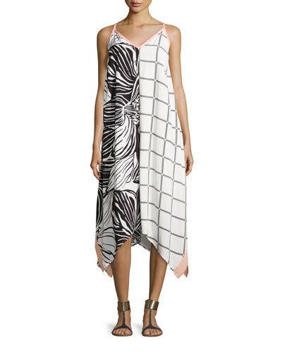 Printed Handkerchief Midi Dress, Black/white/pink
