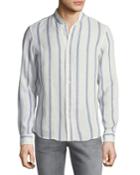 Leisure-fit Mandarin-collar Striped Linen/silk