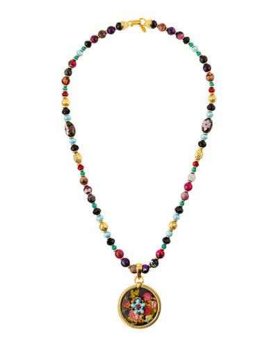 Long Beaded Fire Agate Necklace W/ Floral Pendant