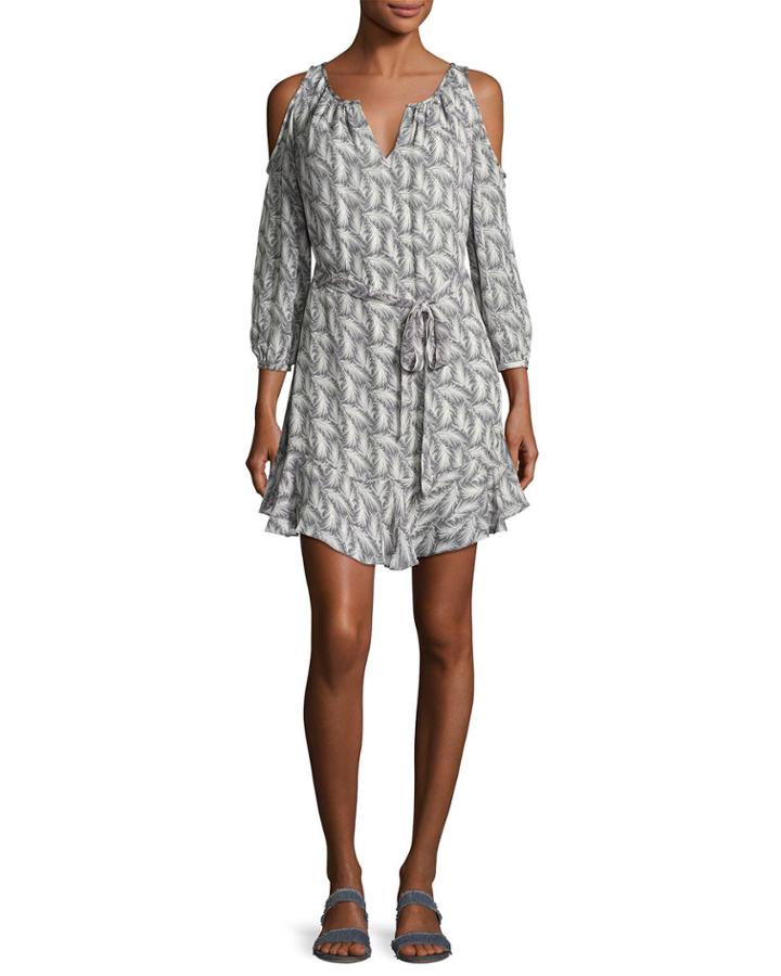 Isaline Feather Cold-shoulder Dress, Gray