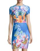 Floral Short-sleeve Scuba Dress, Aquarius