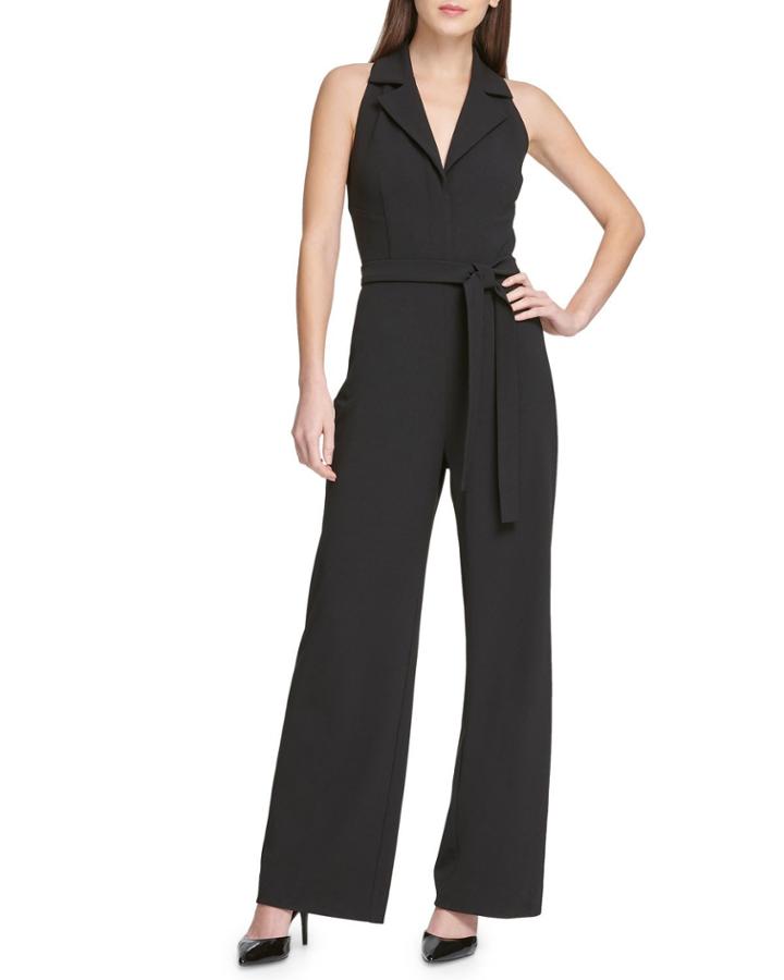 Collared Wide-leg Self-tie Jumpsuit