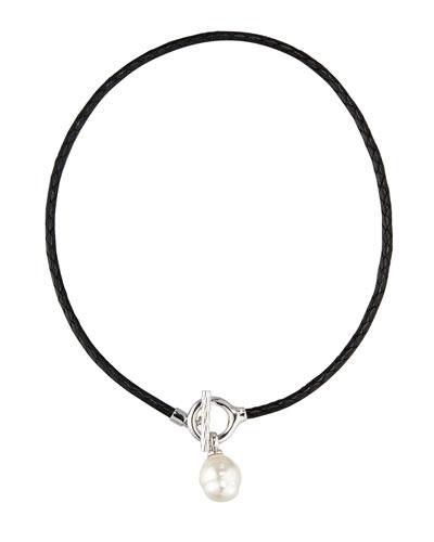 Storm Braided Leather & Baroque Pearl Pendant Necklace, Black/white