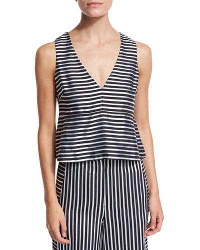 Joanna Sleeveless Striped Satin Peplum Top, Navy