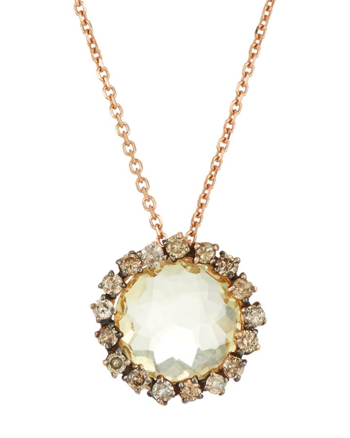 14k Rose Gold 8mm Lemon Quartz & Diamond Pendant Necklace