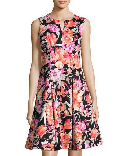 Floral-print Split-neck Sleeveless A-line Dress, Black Pattern