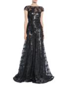 Cap-sleeve Fitted-bodice A-line Lace Evening Gown W/ Metallic