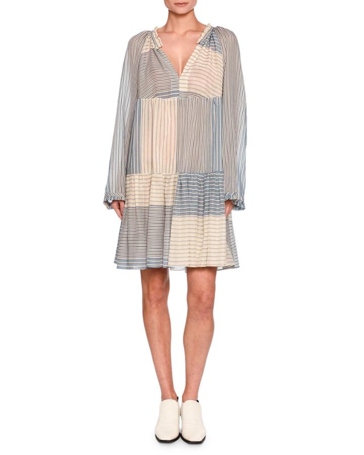 Erika Striped Long-sleeve Easy Dress, White/blue