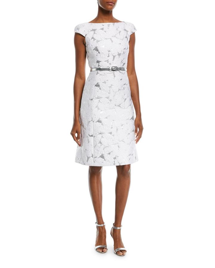 Palm-brocade Boat-neck Cocktail Dress With Belt