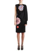 Mandala-print Draped One-sleeve Dress, Black/multi