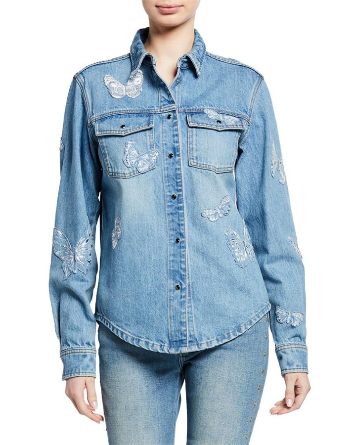 Butterfly Embroidered Snap-front Denim